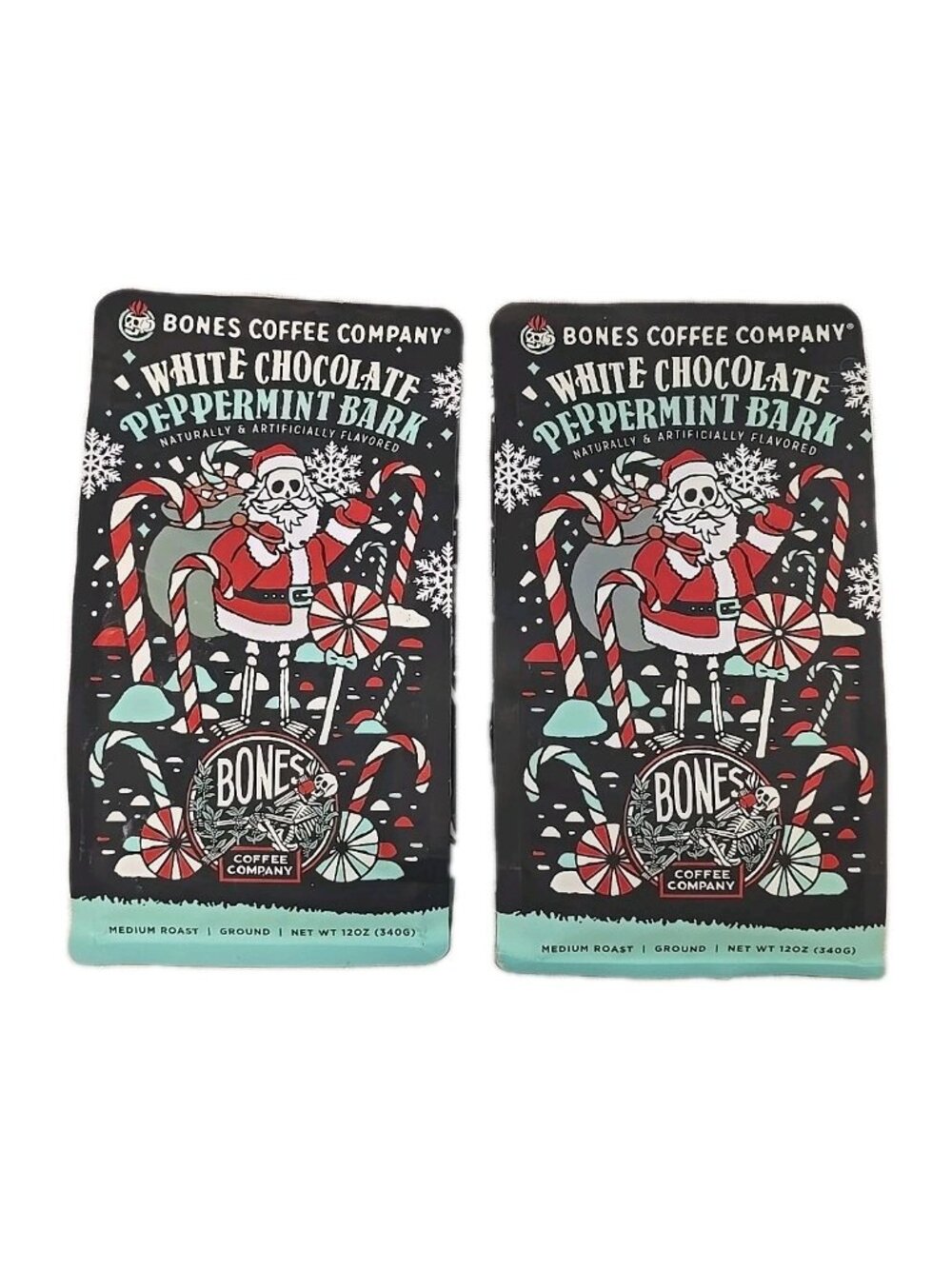 Bones Ground Coffee Peppermint Bark 2-PACK 12 Oz Each Medium Roast BB 09/26